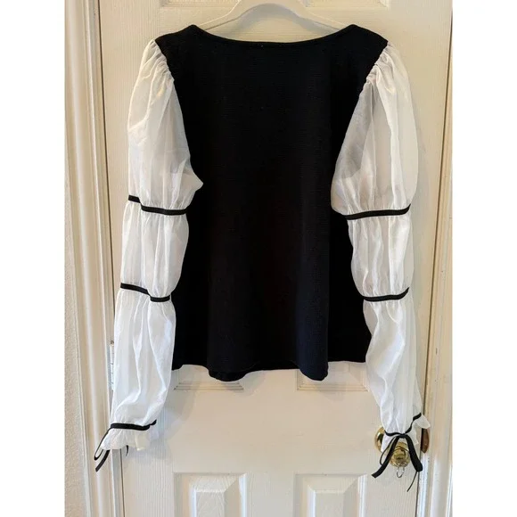 Maeve Anthropologie Black Top XL Sheer Puff Sleeve Tiered Romantic Blouse - Picture 7 of 8